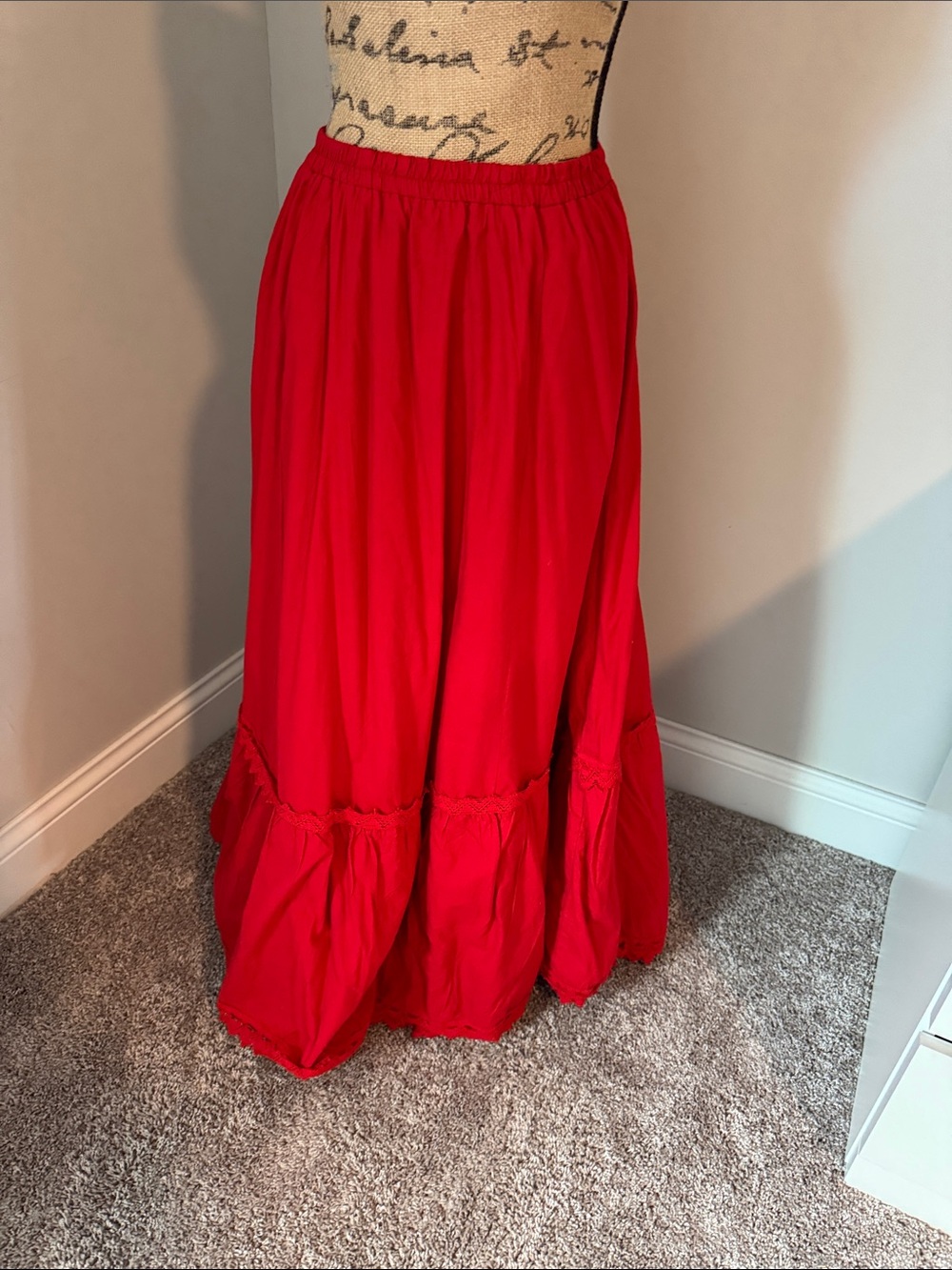 Red Tiered Maxi Skirt with Elastic Waist
